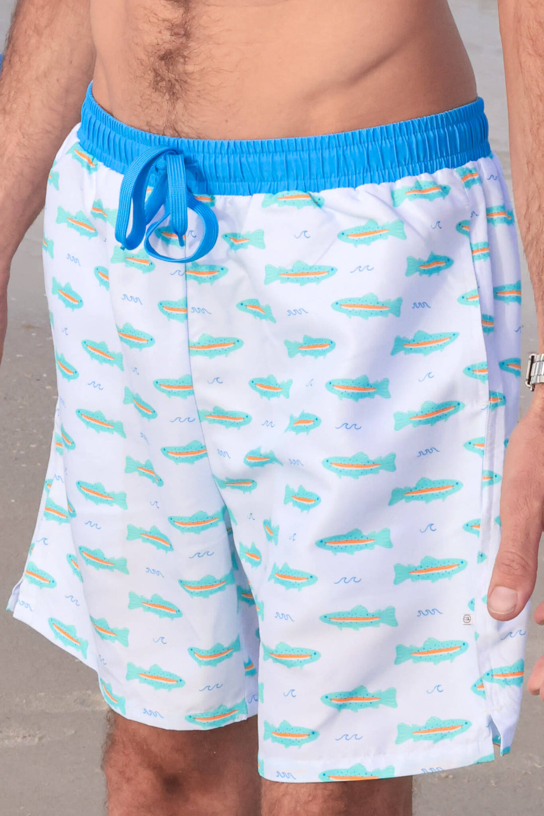 closeup of tiny trout swim trunks for men with drawstring 