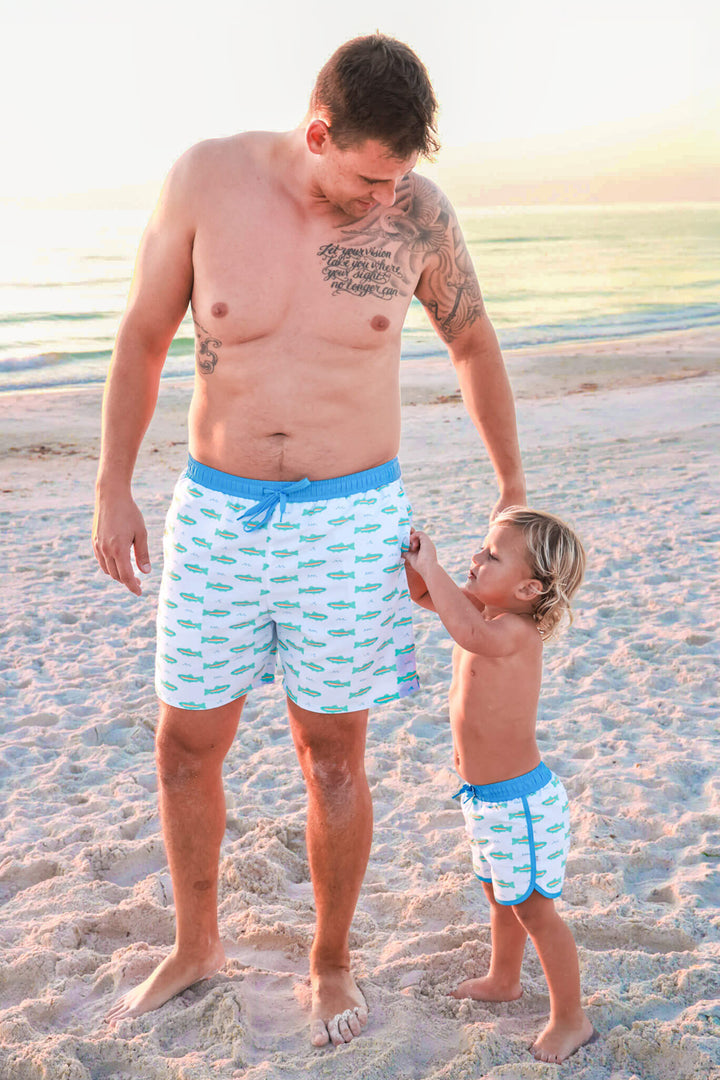tiny trout swim trunks for dad with matching ones for son 