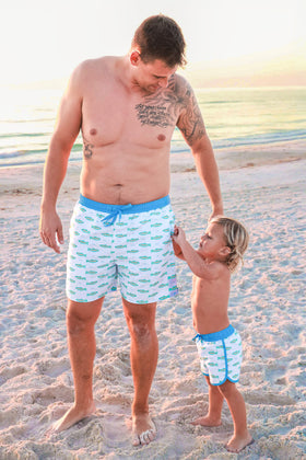 tiny trout swim trunks for dad with matching ones for son 