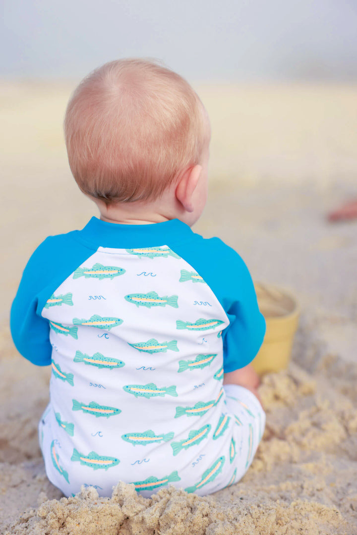 back view of tiny trout swim romper 