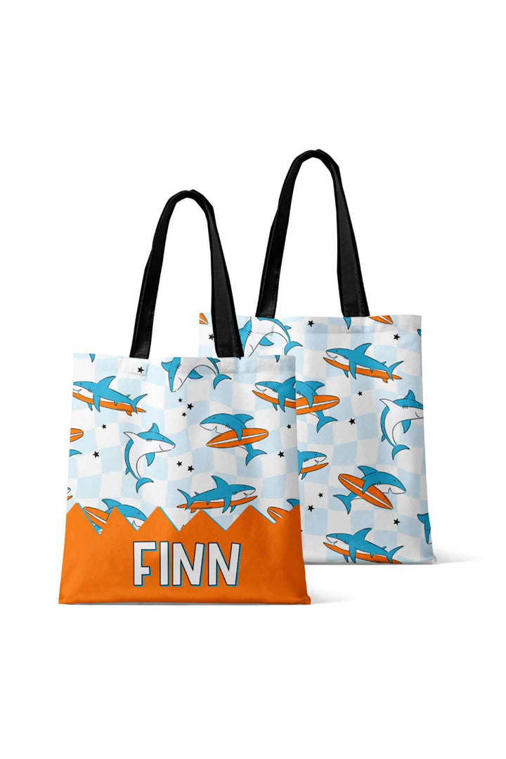 surfing shark personalized tote bag 