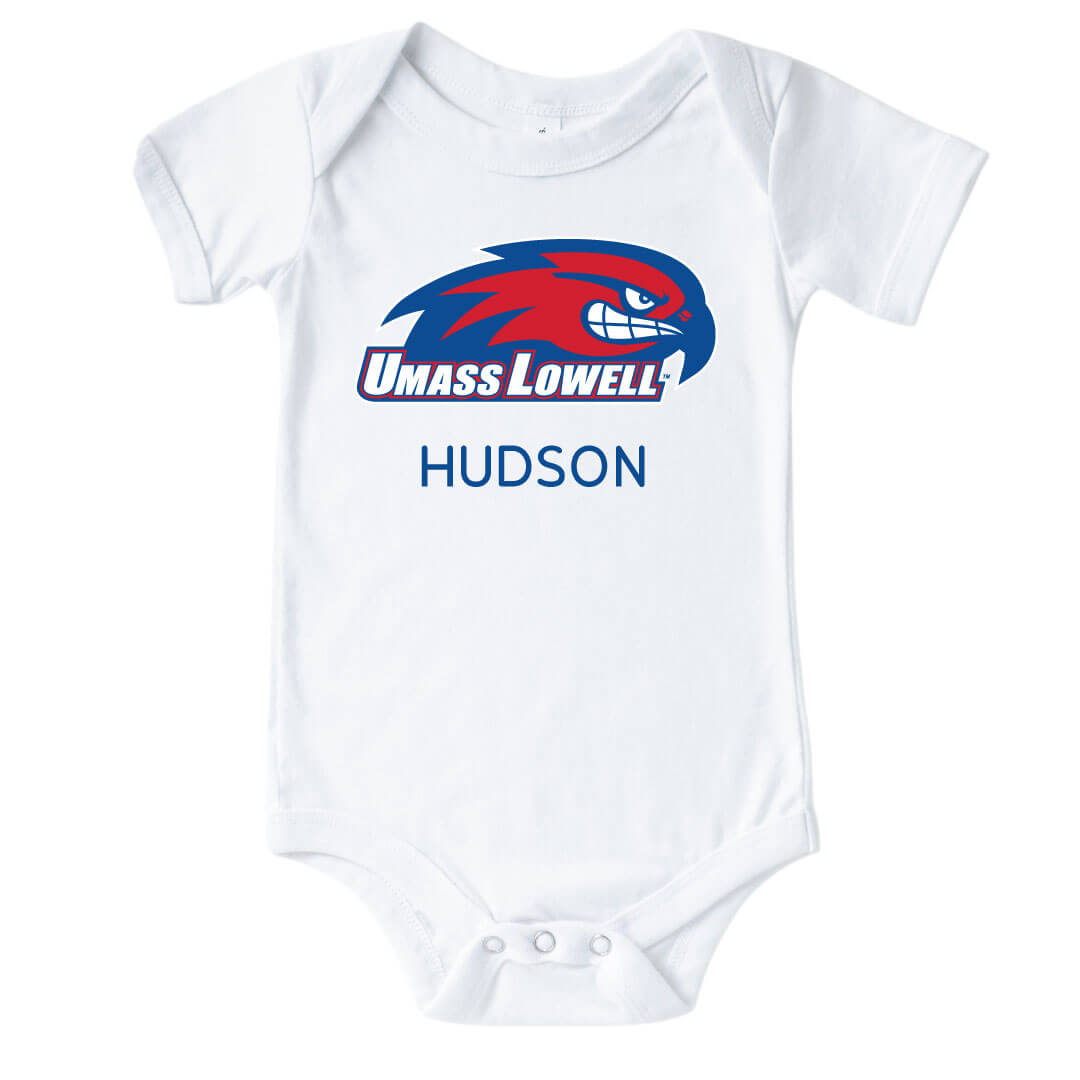umass lowell personalized graphic bodysuit with river hawk 