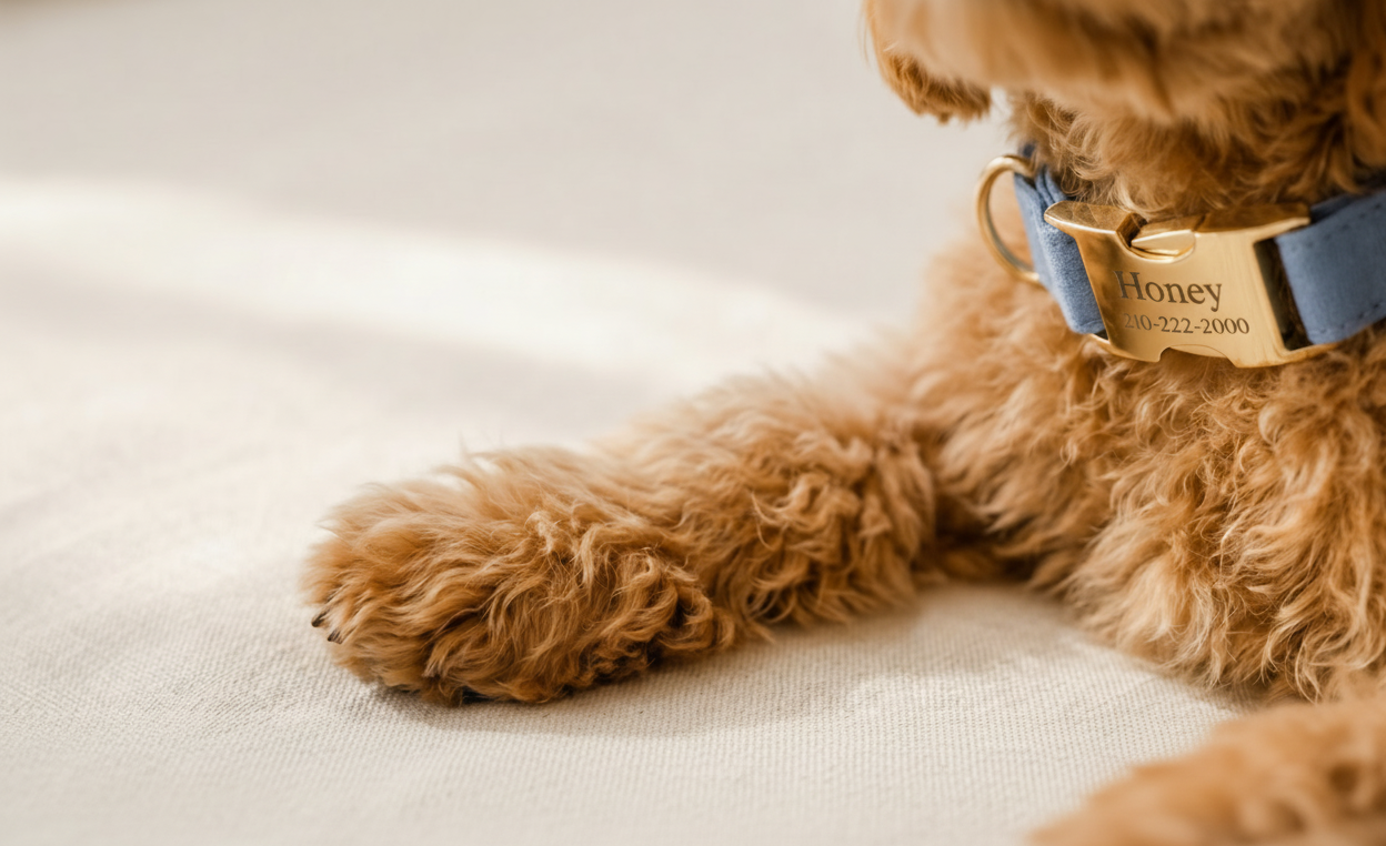 Bet wearing a blue personalzied collar