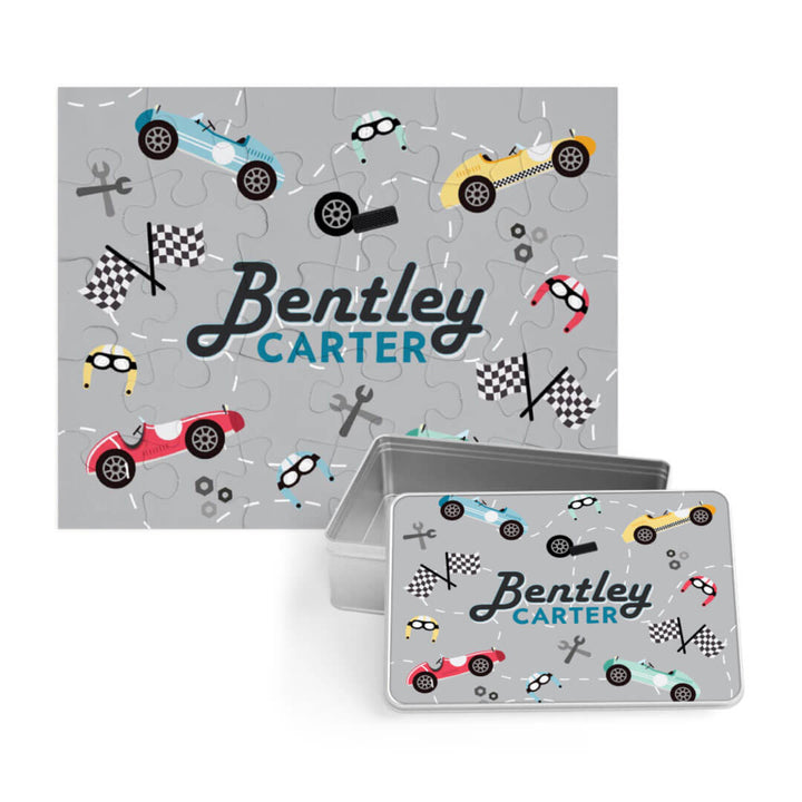 racecar personalized puzzle for kids with matching tin