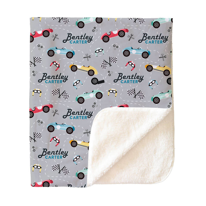 race car personalized sherpa blanket for boys 