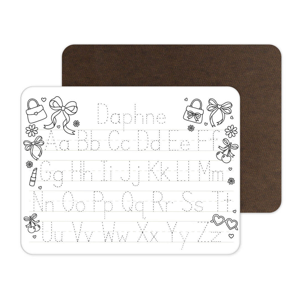purse, bows and lipstick personalized alphabet whiteboard for girls 