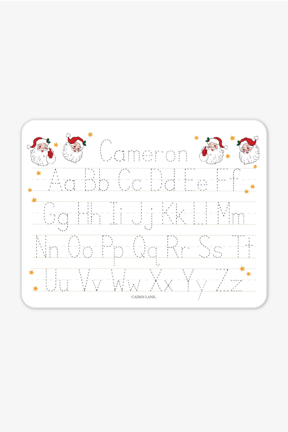 Caden Lane personalized Christmas handwriting practice board featuring the name "Cameron" in festive red and green plaid lettering with traceable uppercase and lowercase alphabet, creating a fun personalized holiday learning gift for kids.