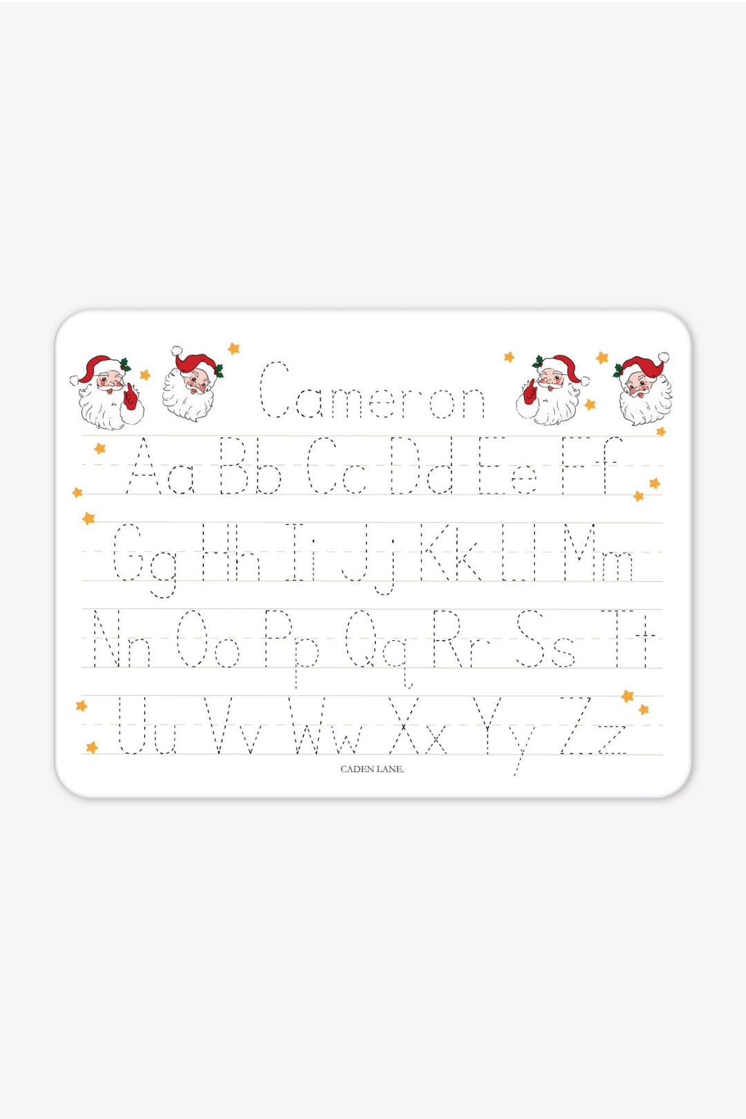 Caden Lane personalized Christmas handwriting practice board featuring the name "Cameron" in festive red and green plaid lettering with traceable uppercase and lowercase alphabet, creating a fun personalized holiday learning gift for kids.