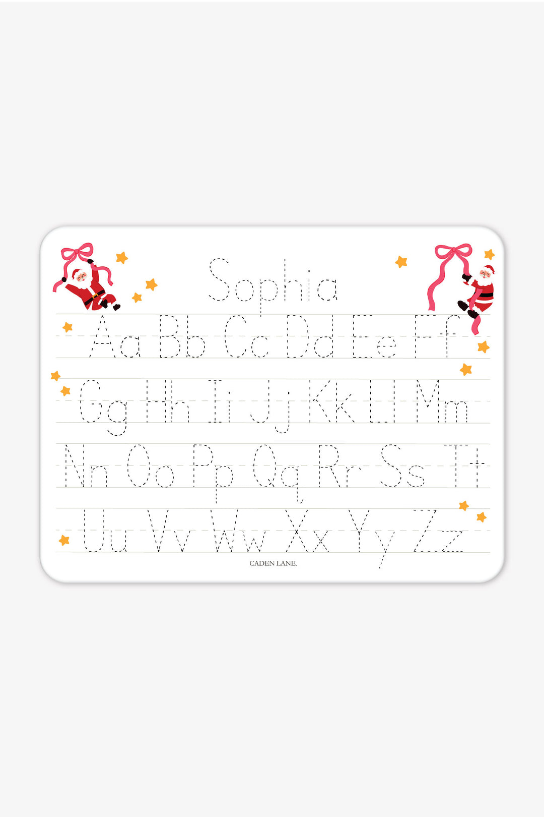 Caden Lane Personalized Kids' Christmas Whiteboard in the Jolly Ribbons print featuring a custom name, reusable dry-erase handwriting practice board with festive Santa and ribbon design for holiday learning and personalized Christmas gifts.
