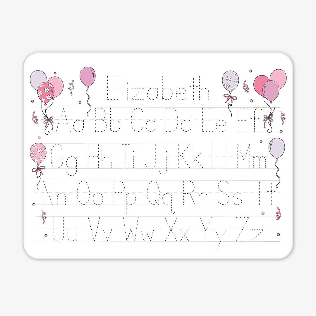 personalized alphabet whiteboard with pink baloons