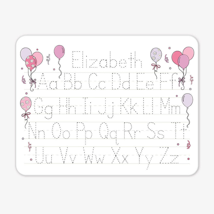 personalized alphabet whiteboard with pink baloons