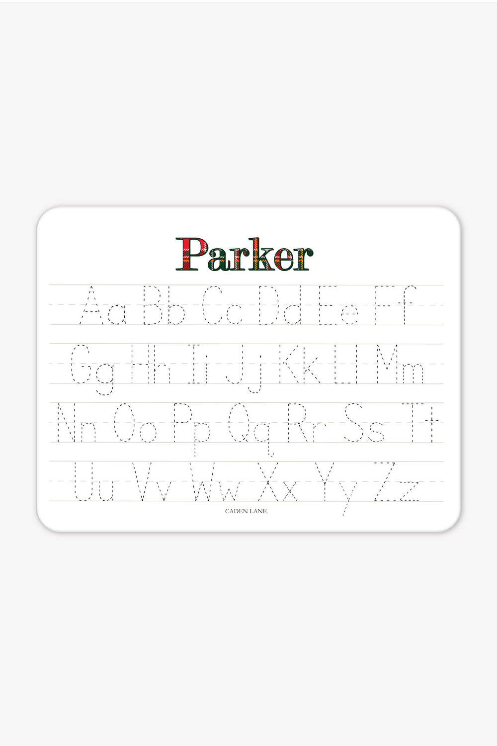 Caden Lane personalized Christmas handwriting practice board featuring the name "Parker" in festive red and green plaid lettering with traceable uppercase and lowercase alphabet, creating a fun personalized holiday learning gift for kids.