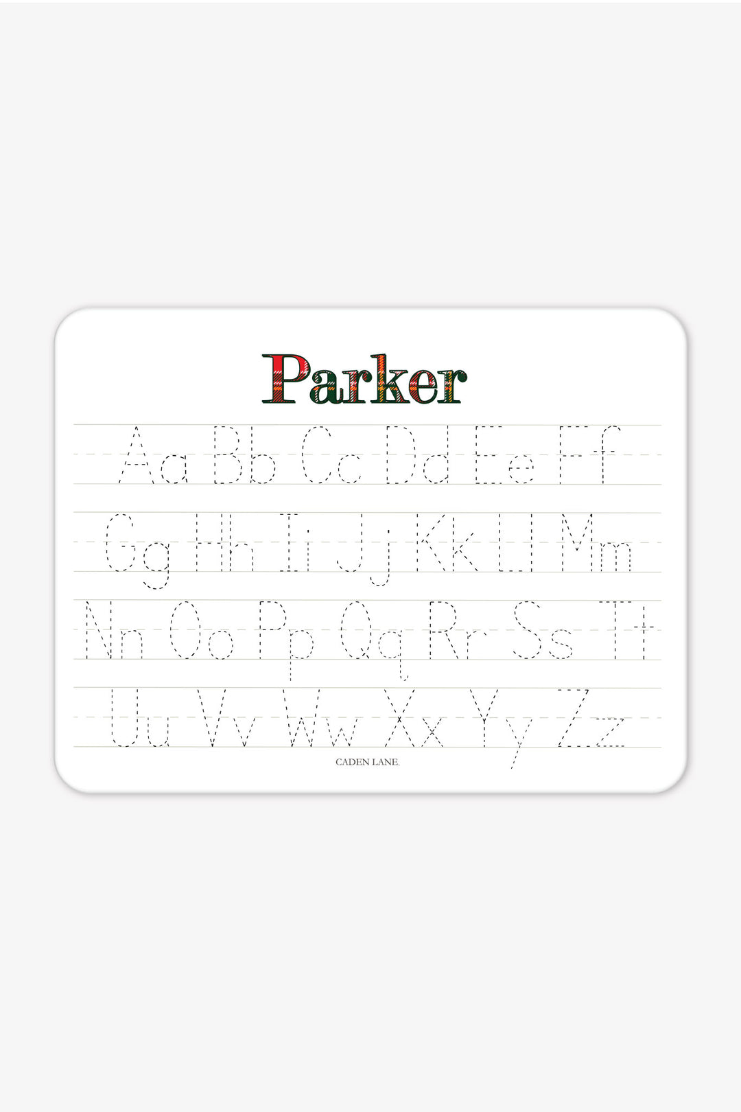 Caden Lane personalized Christmas handwriting practice board featuring the name "Parker" in festive red and green plaid lettering with traceable uppercase and lowercase alphabet, creating a fun personalized holiday learning gift for kids.
