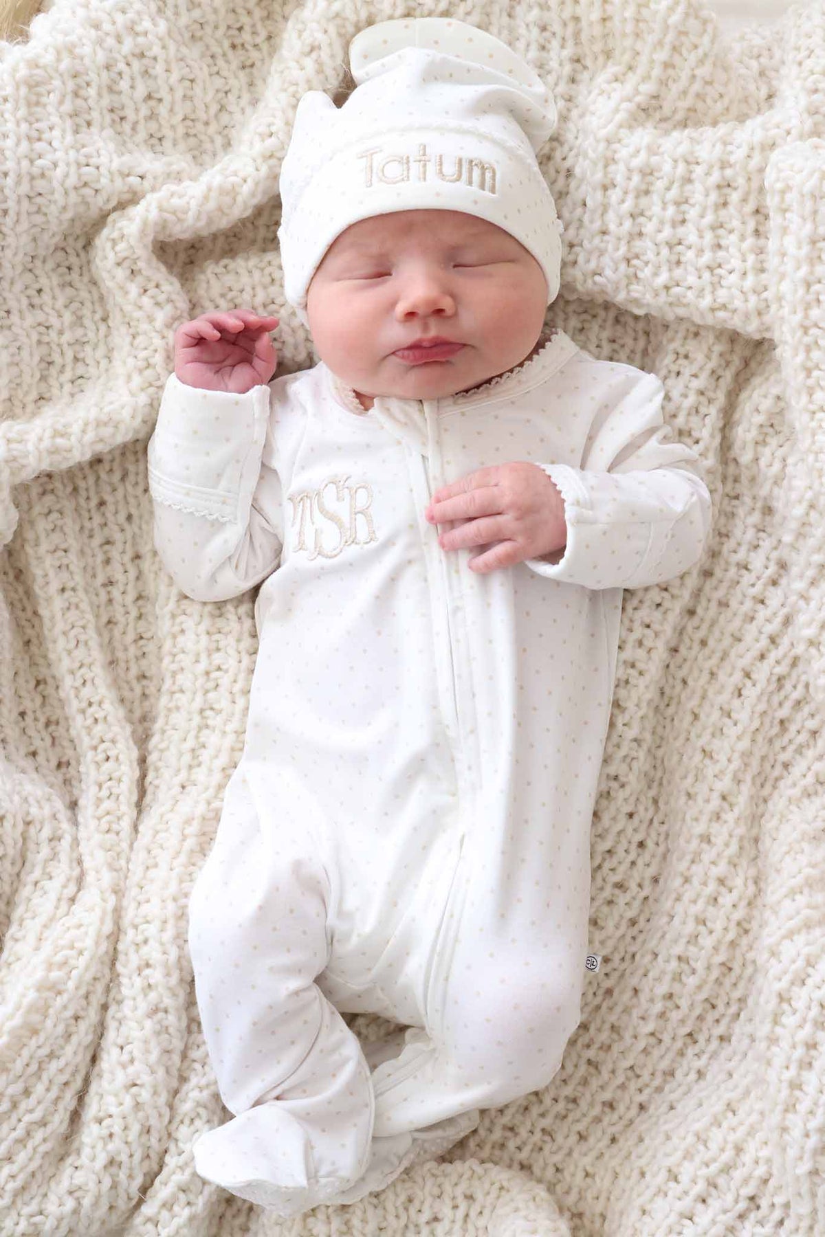 newborn in taupe picot trim bamboo zipper footie