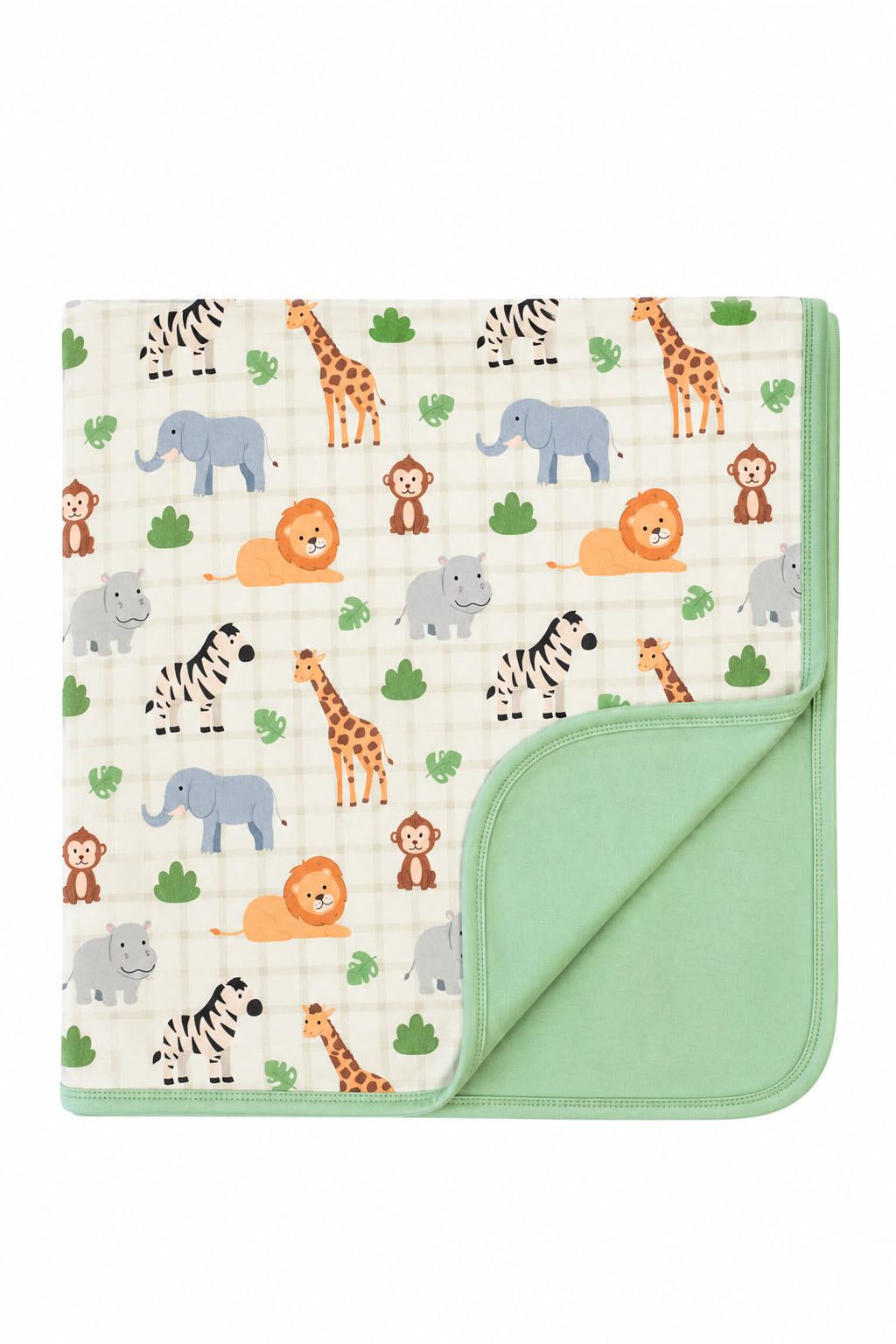 Folded Caden Lane bamboo blanket in a Wild Child print featuring safari animals on cream plaid, with one corner turned to show the solid sage green reverse.