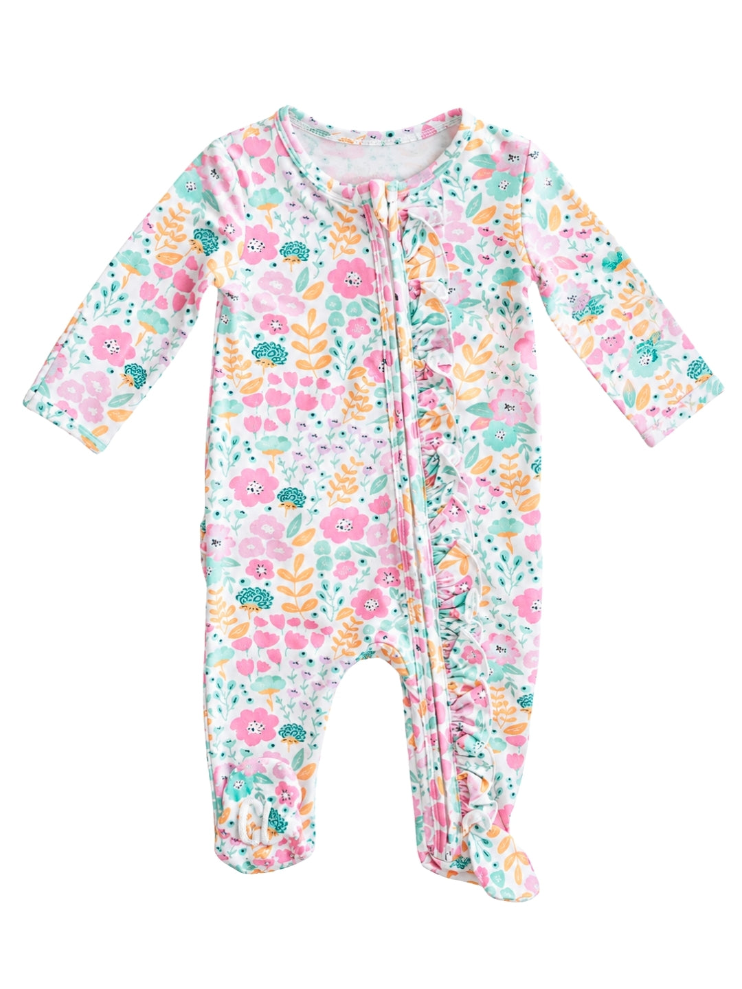 Caden Lane ruffle bottom baby footie multicolor floral with arms out 