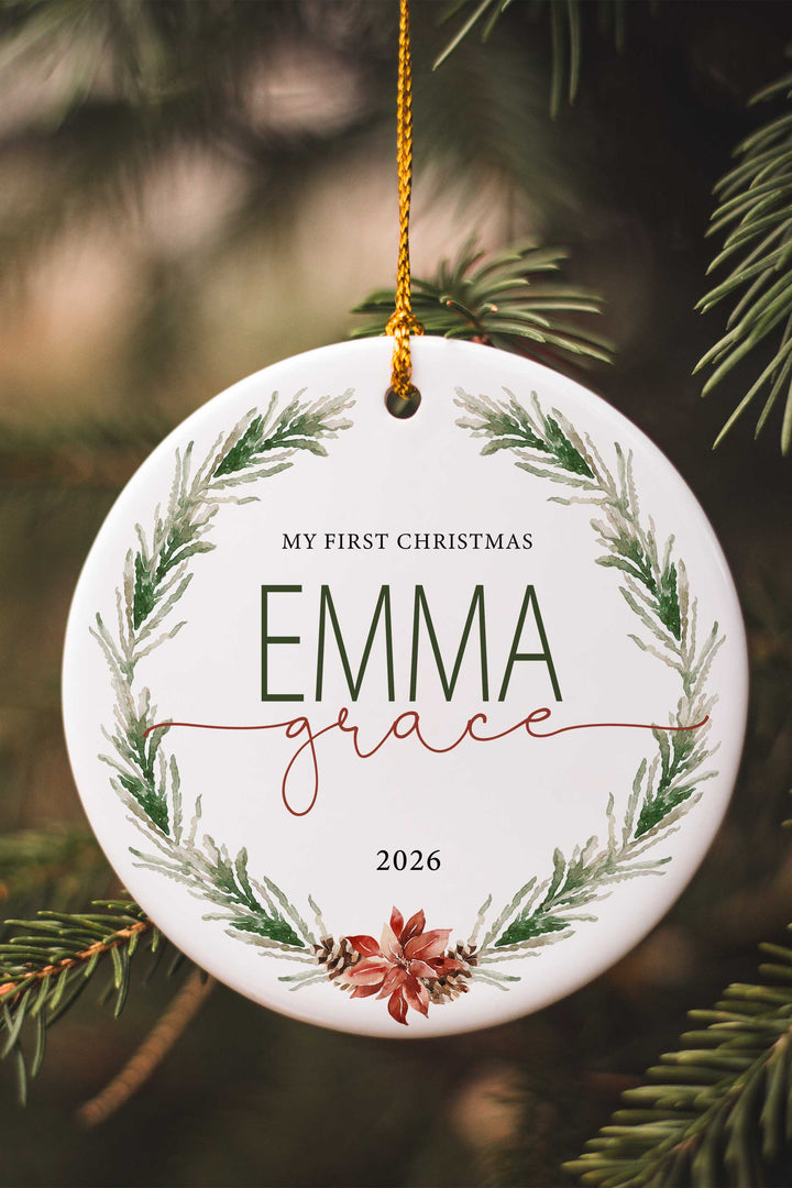 personalized wreath baby's first christmas ornament 