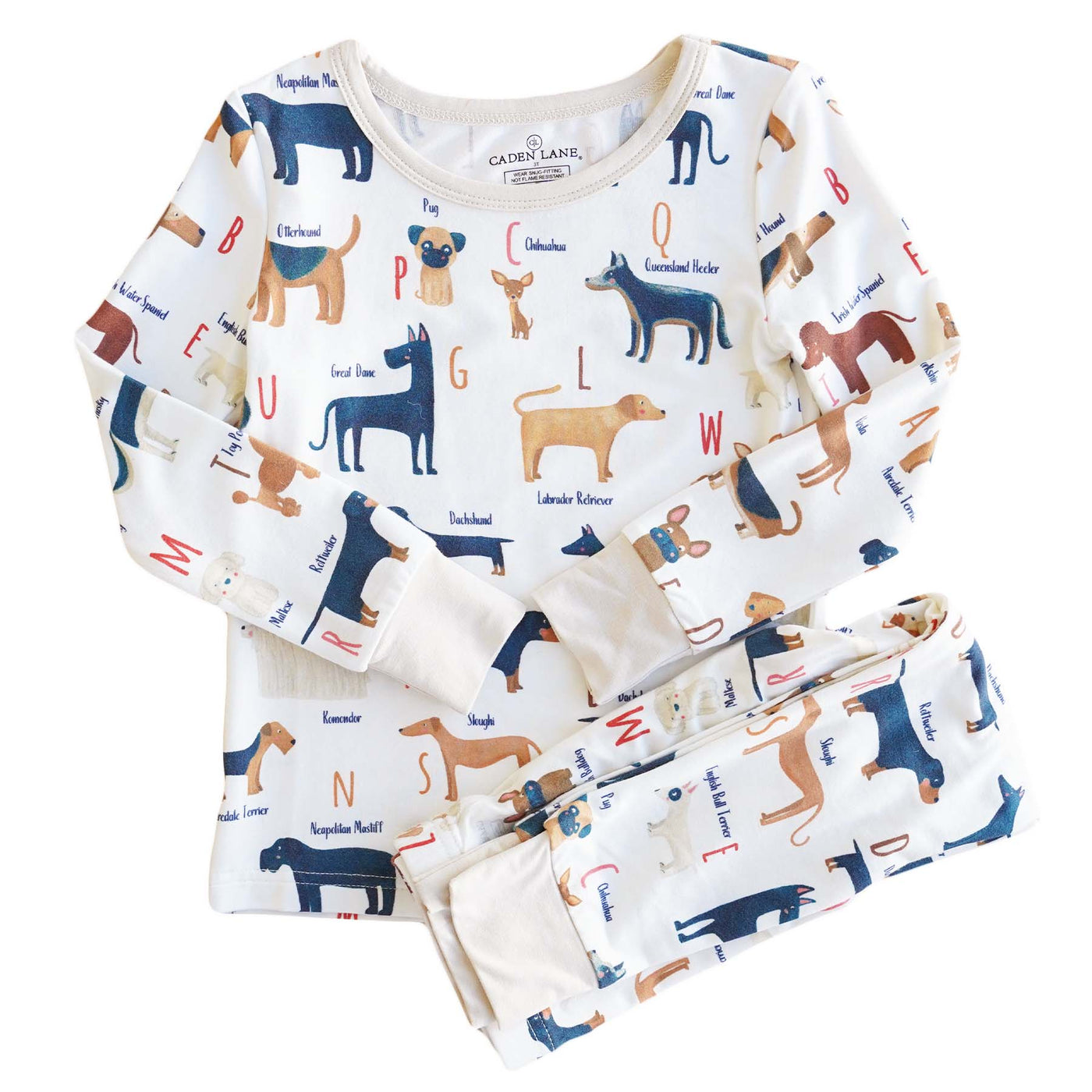 two piece pajama set for kids with dogs and letters 