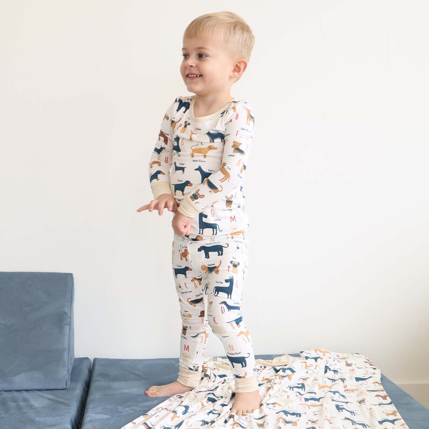 gender neutral pajamas for kids with dogs and alphabet 