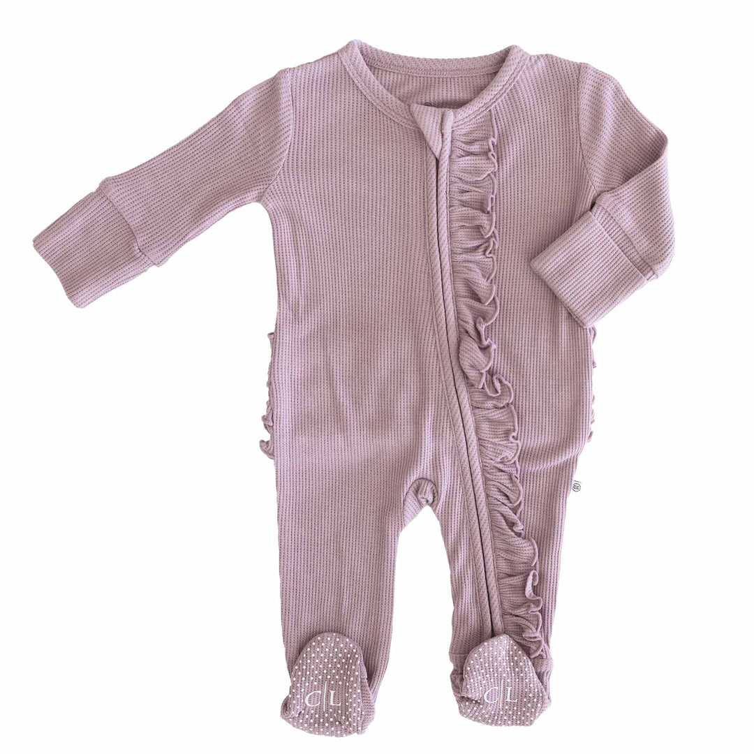 dusty purple bamboo waffle zipper ruffle footie for baby girls 
