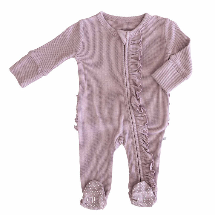 dusty purple bamboo waffle zipper ruffle footie for baby girls 