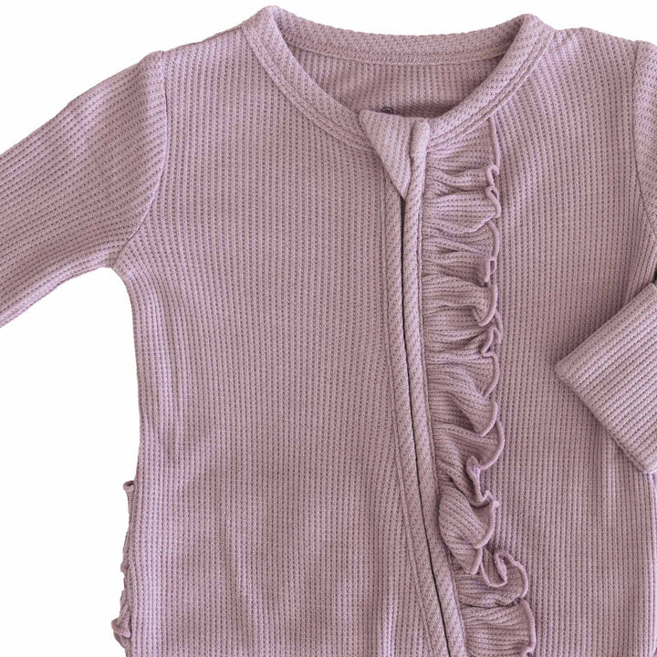 purple bamboo waffle ruffle zipper footie for baby girls 