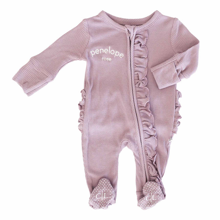 amethyst embroidered ruffle zipper footies for babies 