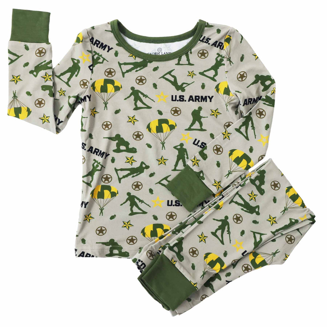 green two piece pajama set for kid army themed 