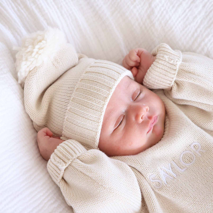 tan knit pom pom beanie for babies 