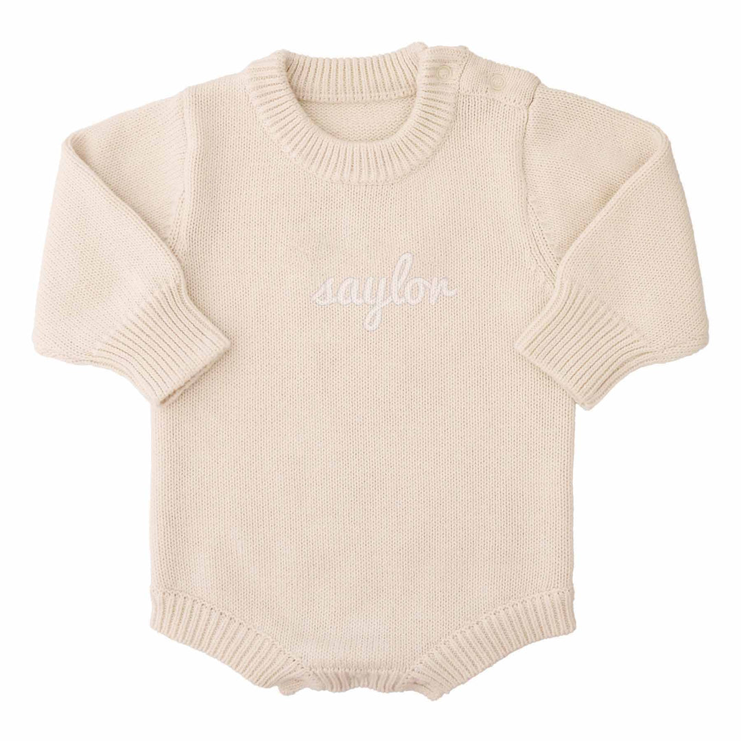 beige personalized knit sweater bubble romper with script font 