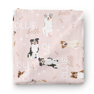 pink personalized swaddle blanket for babies with dogs 