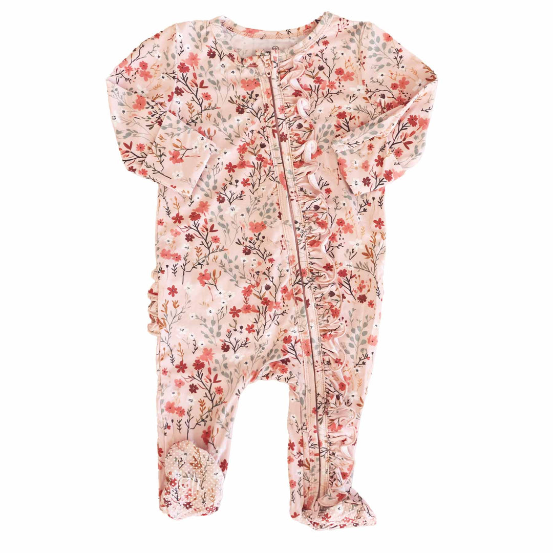 autumn blooms ruffle zipper footie for babies