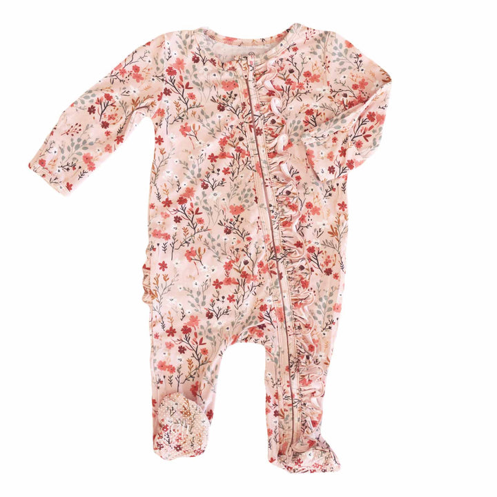 baby ruffle zipper footie autumn blooms