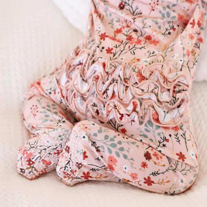 dainty fall floral ruffle zipper footie for babies