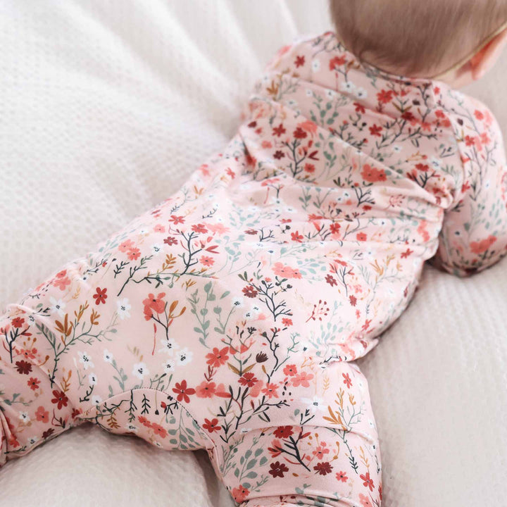 peach and green fall floral baby zipper romper pajama