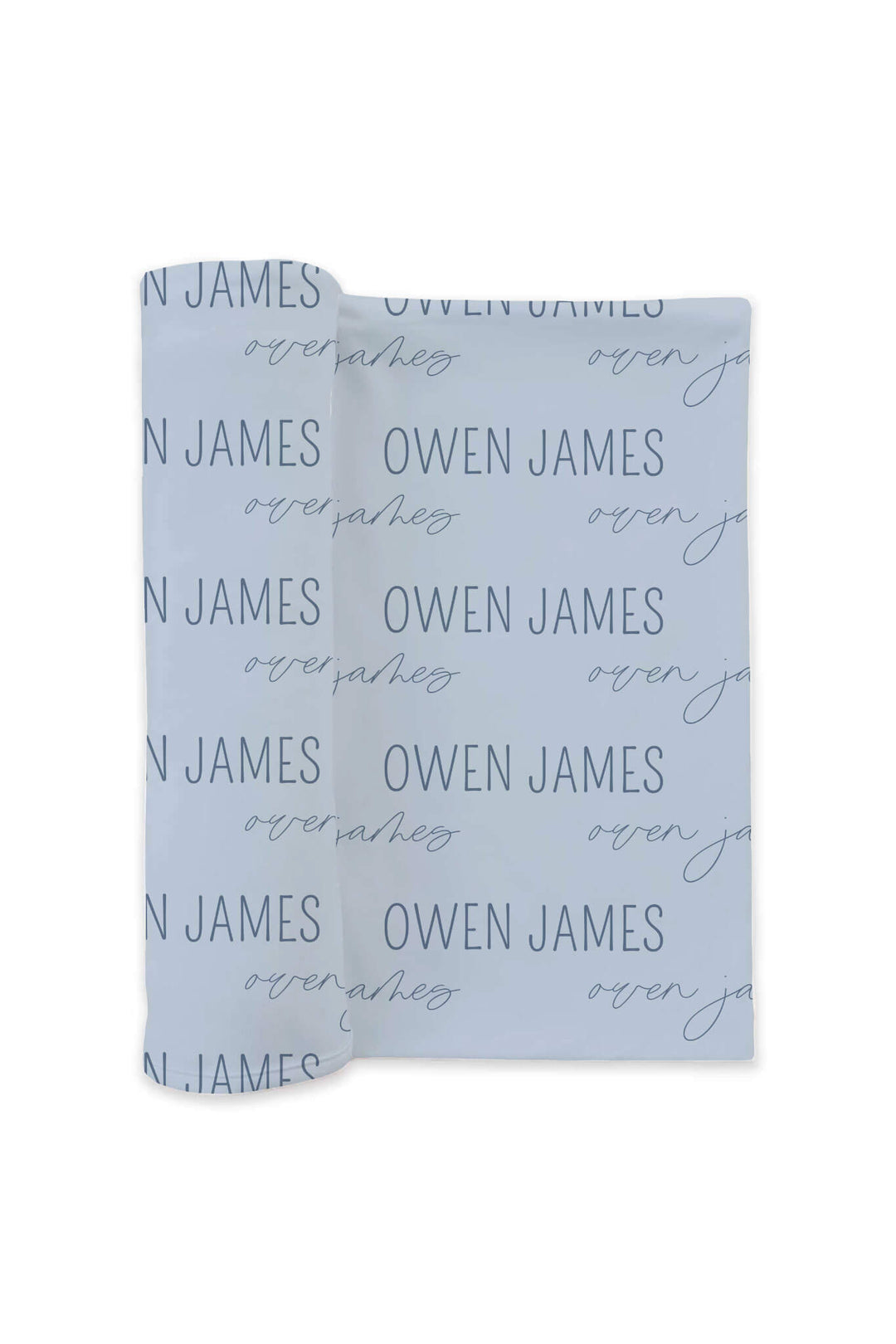 baby blue personalized swaddle blanket in block and script font