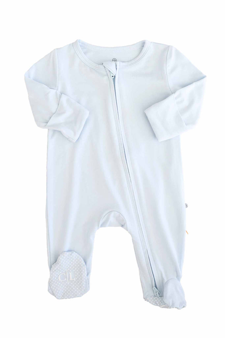 baby blue long sleeve bamboo zipper footie pajama with foot grips
