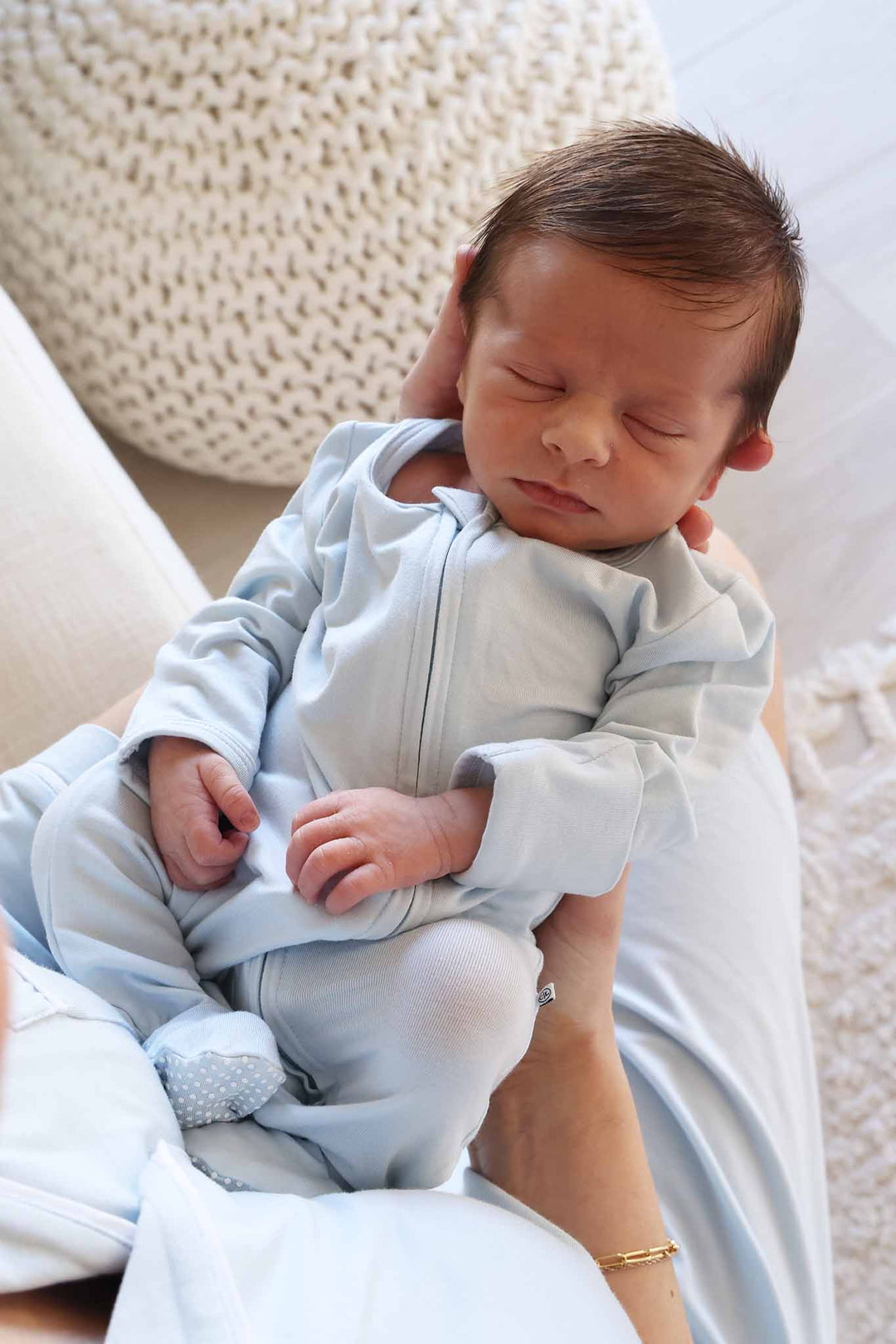 light blue bamboo zipper baby footie with flip mitts 