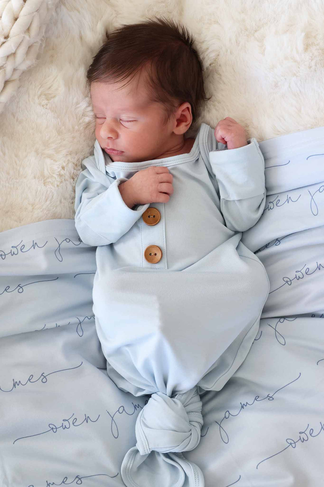 baby blue long sleeve bamboo knot gown with wooden buttons 