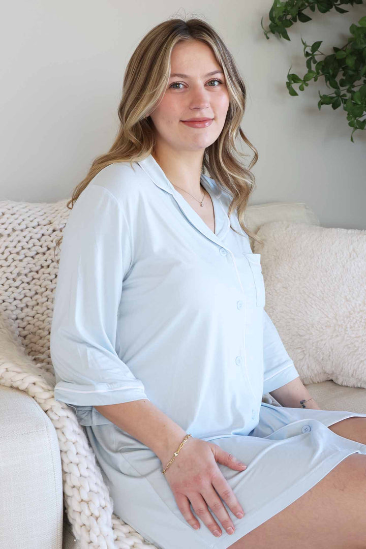 baby blue labor & delivery collared gown with front pocket and buttons