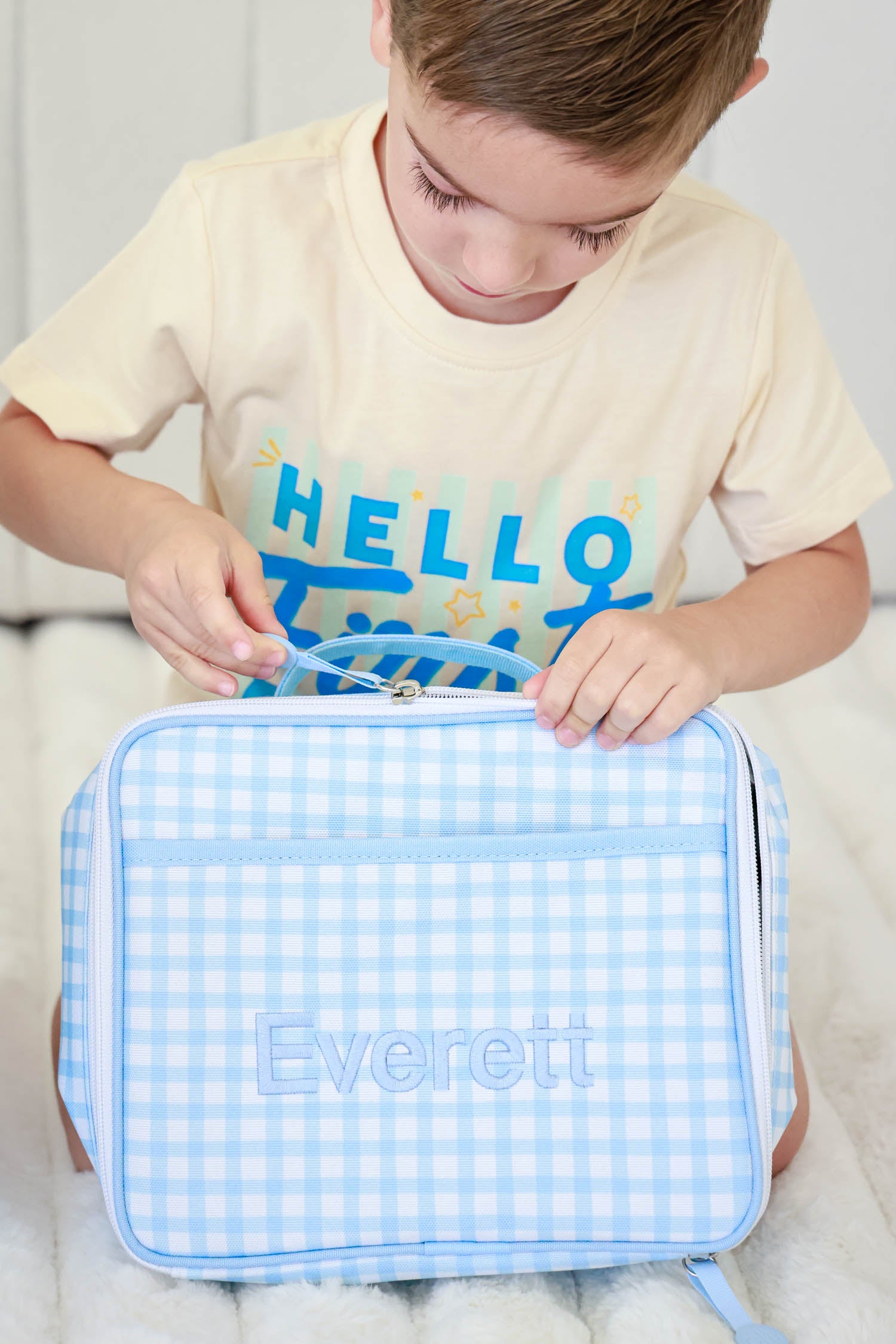 Kids Embroidered Lunchbox | Blue Gingham