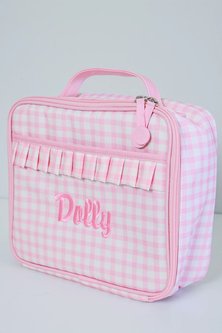 side view of embroidered pink gingham lunchbox for girls 