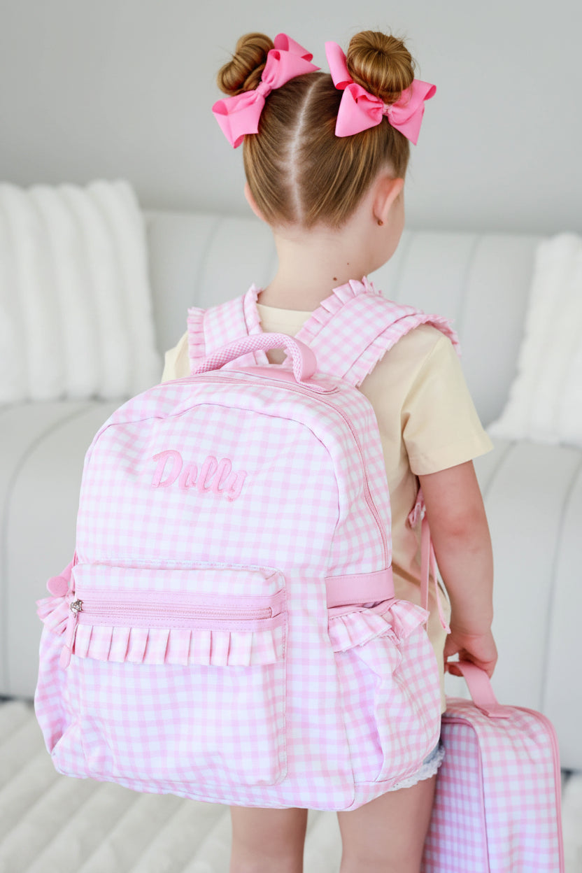 Kids Embroidered Ruffle Backpack | Pink Gingham