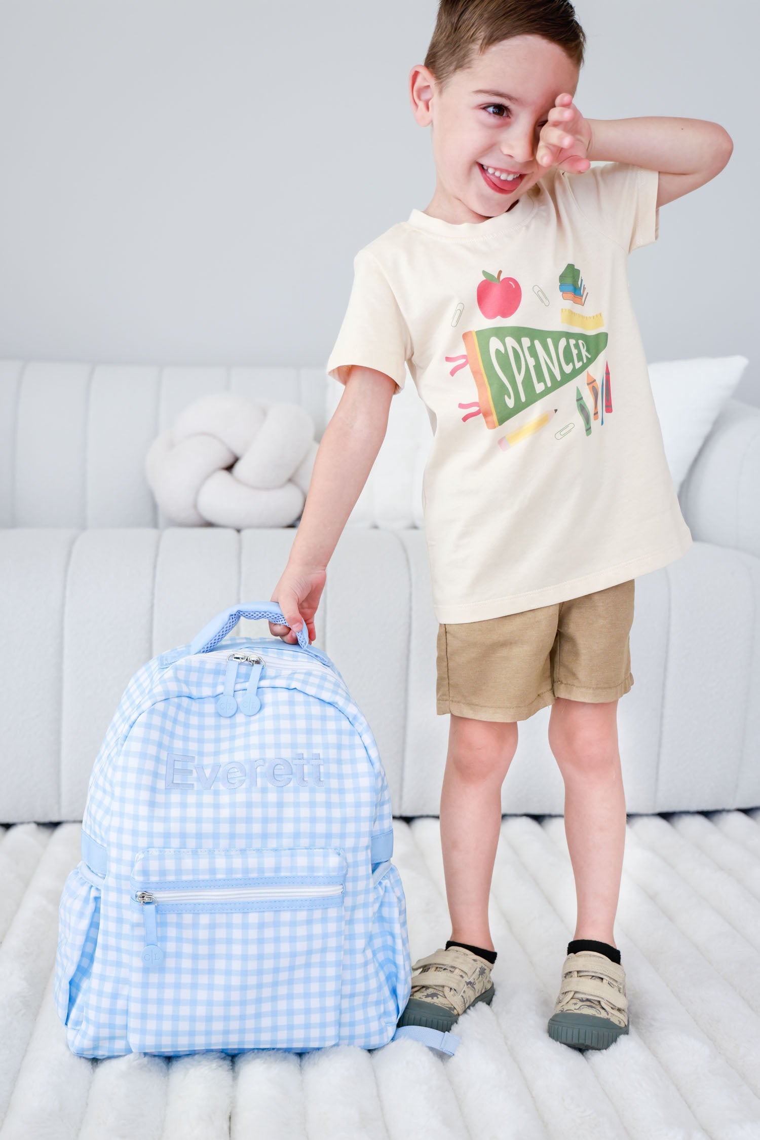 Kids Embroidered Backpack | Blue Gingham