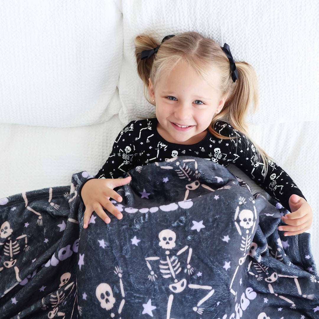 skeleton and stars personalized kids blanket black 