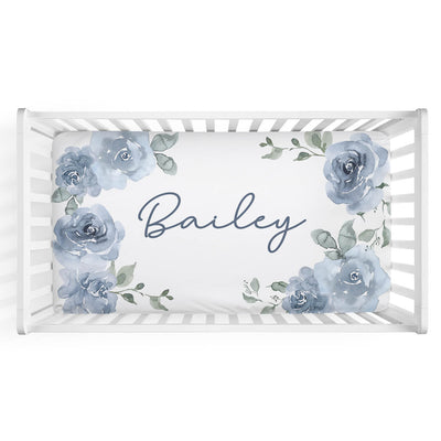 bailey's blue floral personalized crib sheet