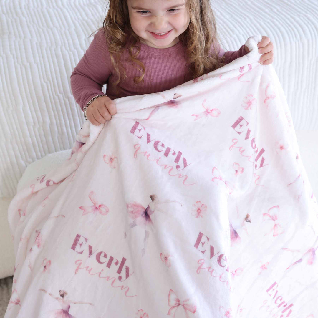 girls personalized ballerina blanket pink with bows 