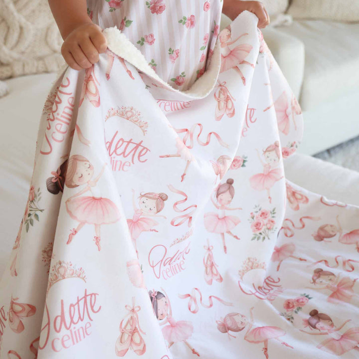 ballerina, ribbon, tiara and rose personalized sherpa blanket for girls 