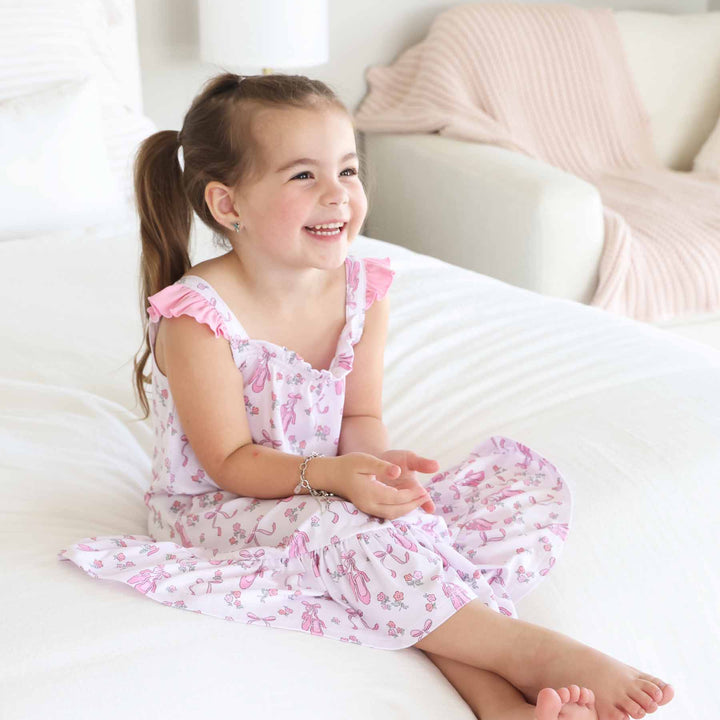 ballet show, bow and dainty flower ruffle shoulder nightgown for girls 