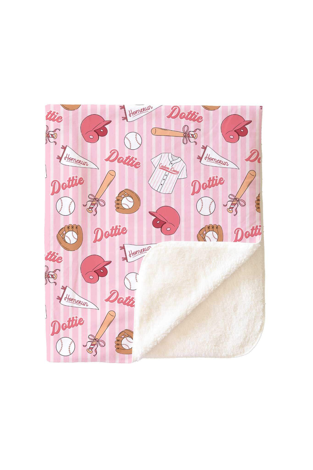 pink striped baseball personalized kids blanket with a sherpa backing 